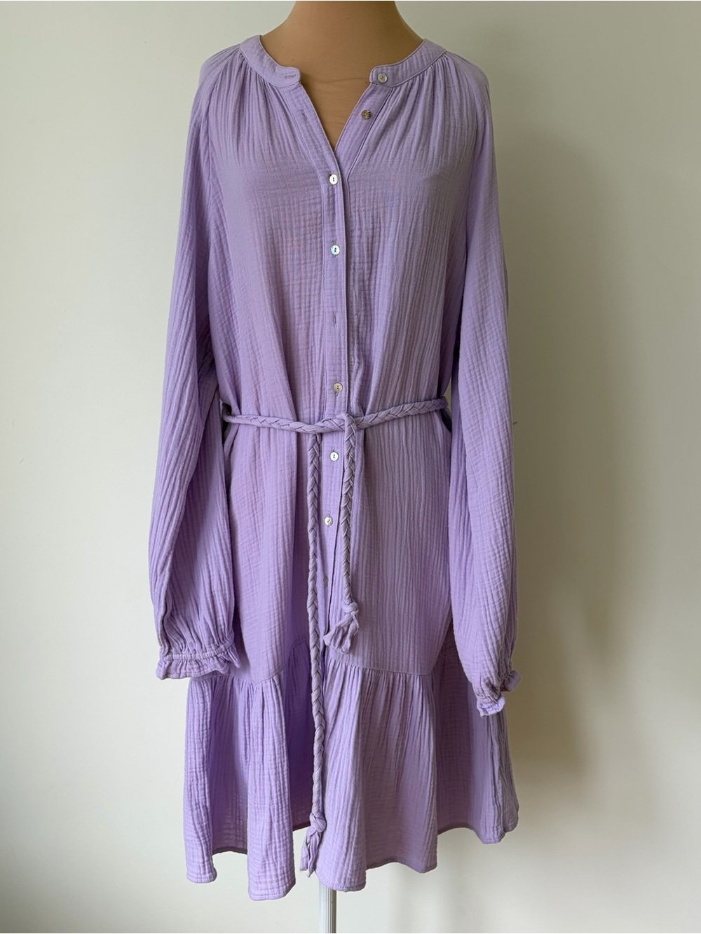 Magaschoni Organic Cotton Belted Button Front Flounce Gauze Purple Dress NWT L